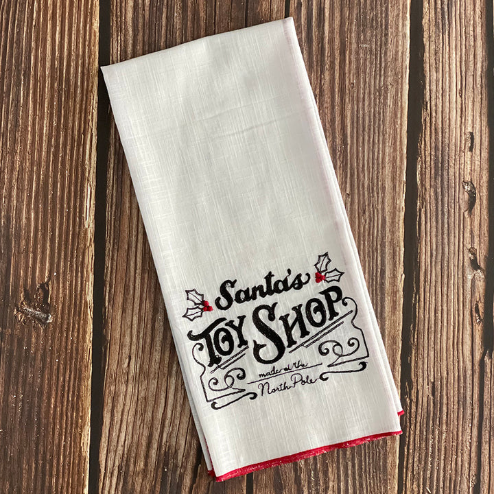 Santas Toy Shop Embroidered Kitchen Towel